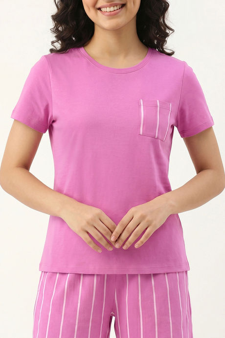 Zivame Thin Stripes Knit Cotton Short Set - Spring Crocus — image 4